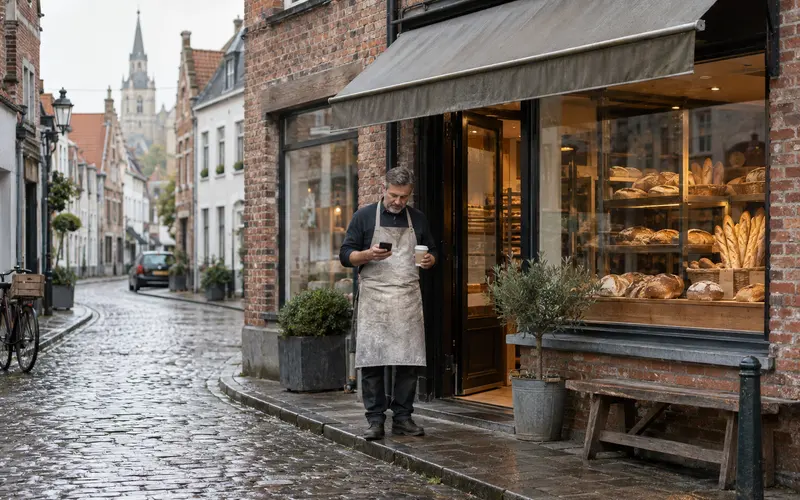 A baker checks his phone on the cobbled street outside his bakery window