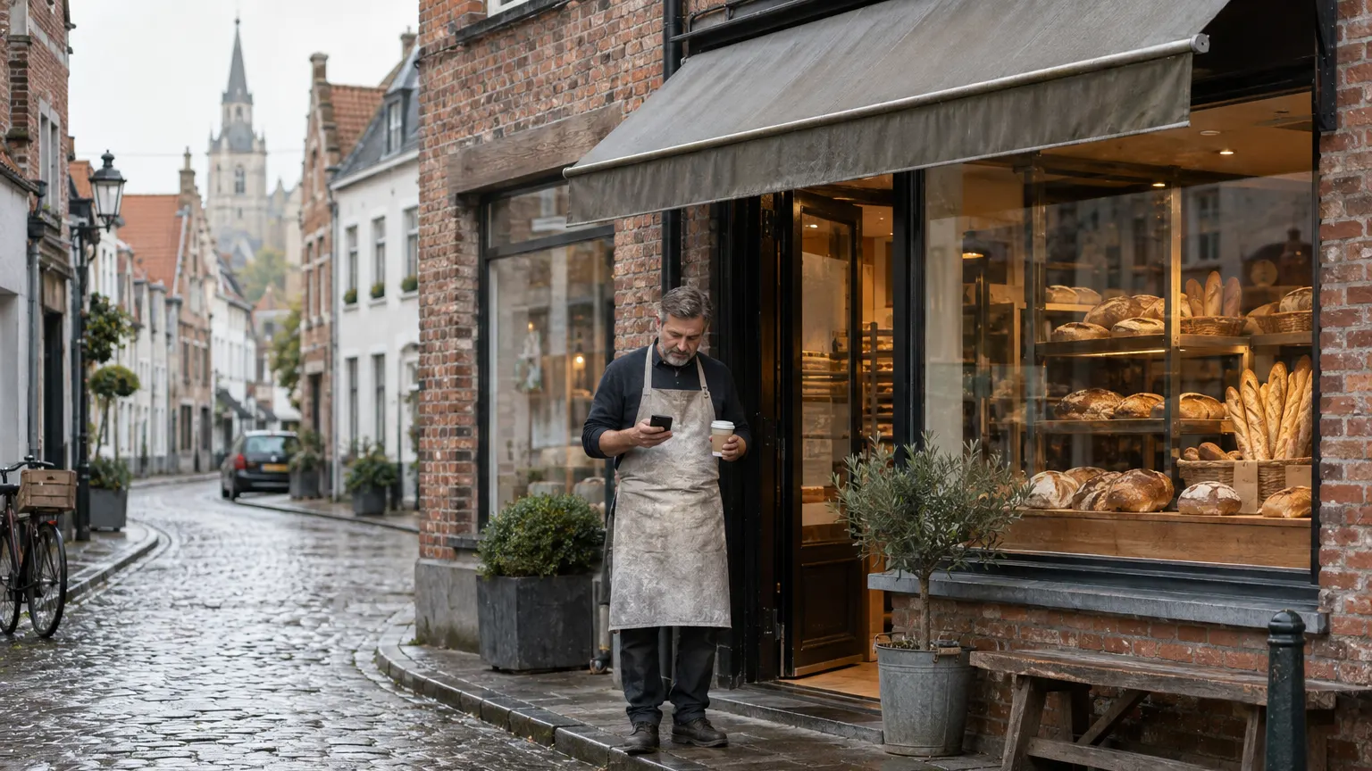 Un boulanger consulte son téléphone sur le trottoir pavé, devant la vitrine de sa boulangerie