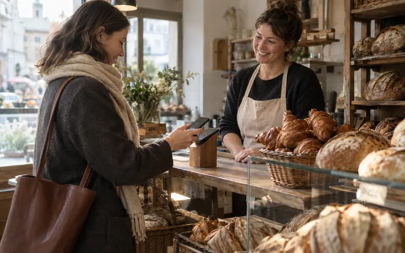 Une cliente scanne au téléphone le QR code posé sur le comptoir d'une boulangerie