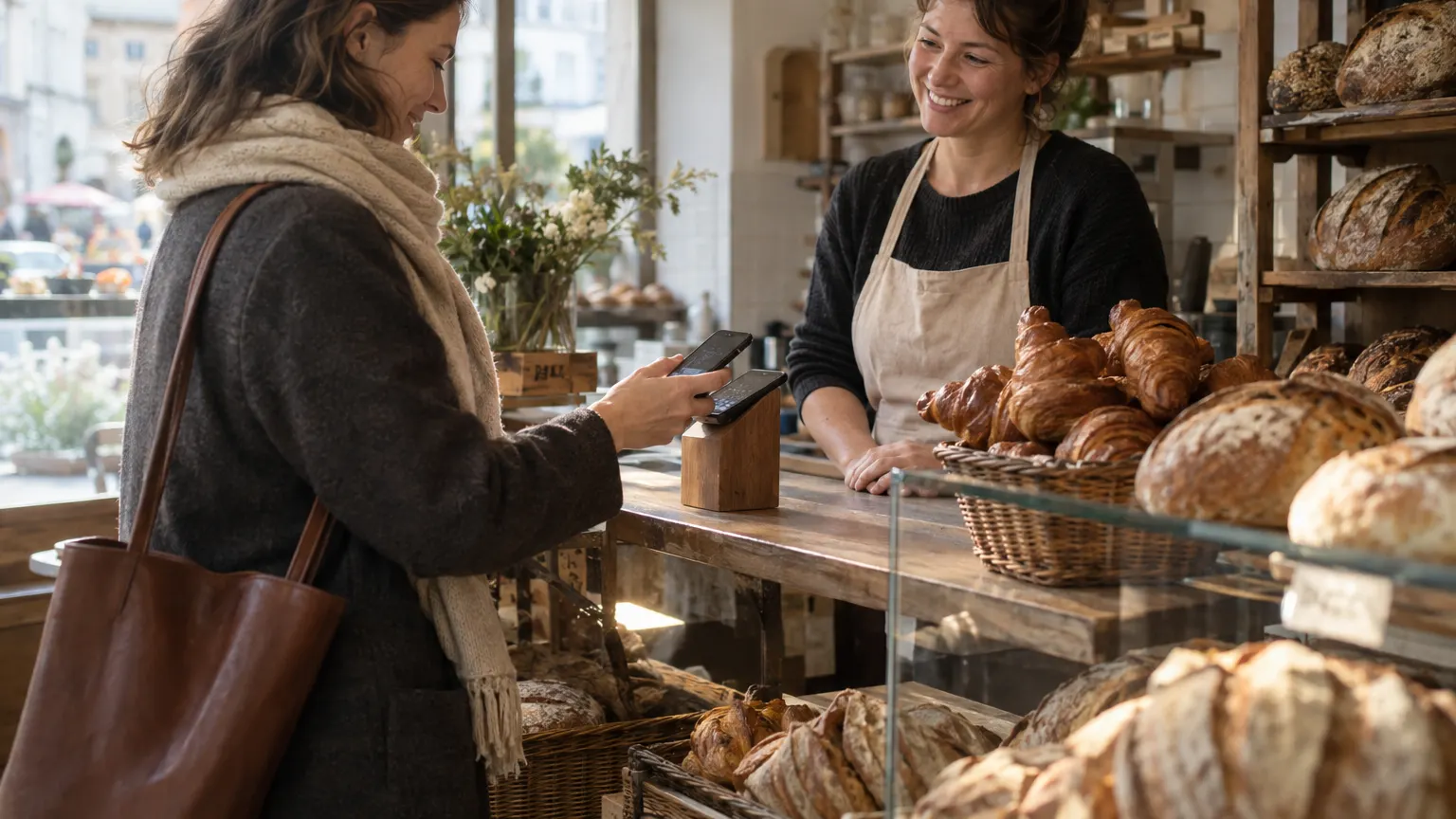 Een klant scant met haar telefoon de QR-code op de toonbank van een bakkerij
