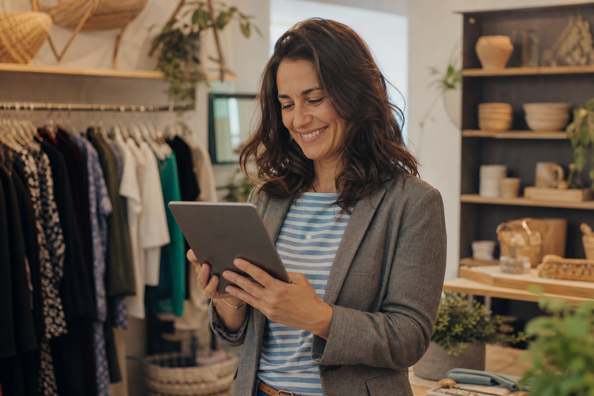 Commerçant qui consulte ses avis Google sur une tablette