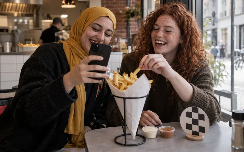 Two friends at a table in a chip shop film on a phone, laughing, over a cone of chips