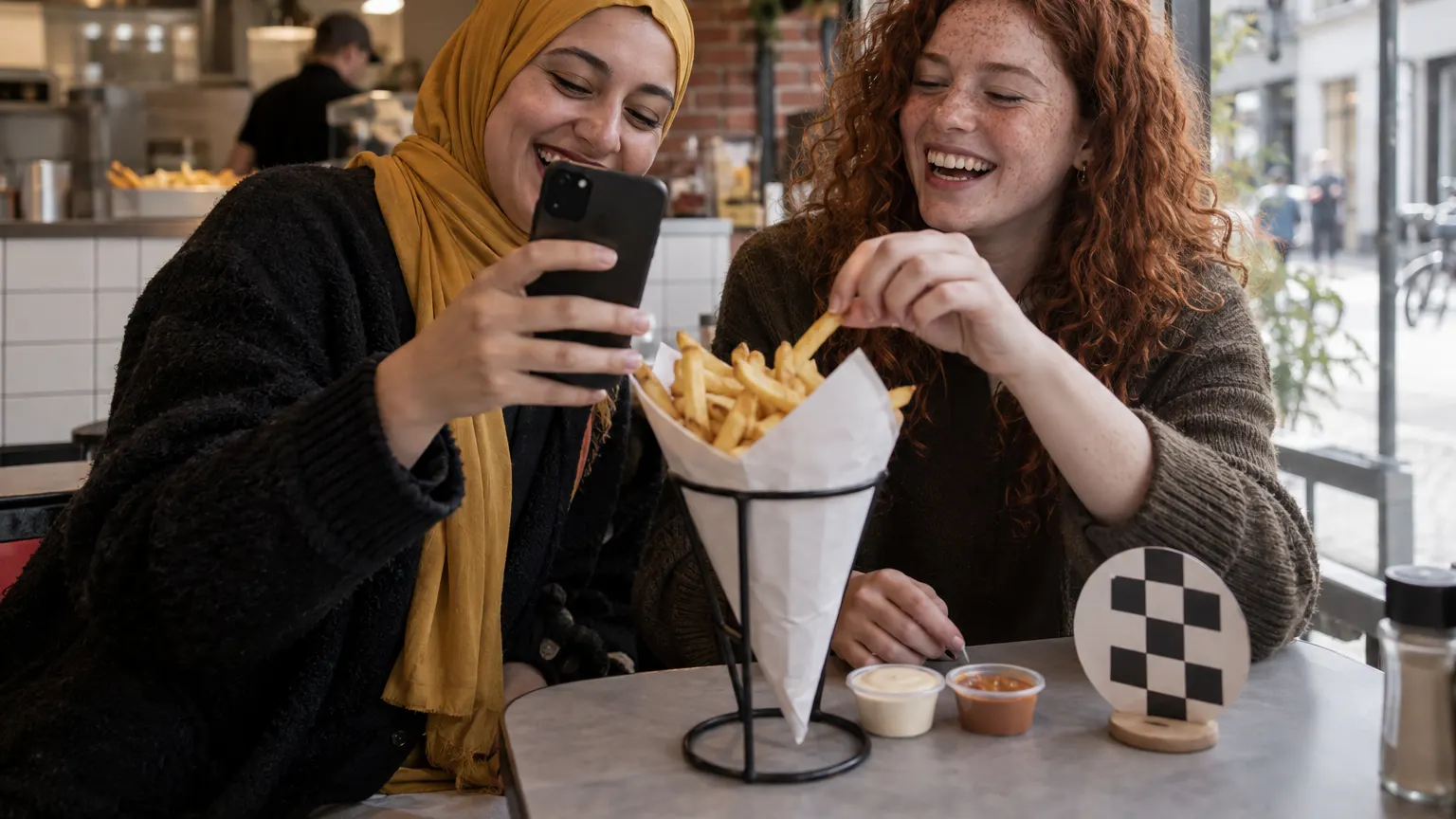 Deux amies attablées dans une friterie se filment au téléphone en riant devant un cornet de frites