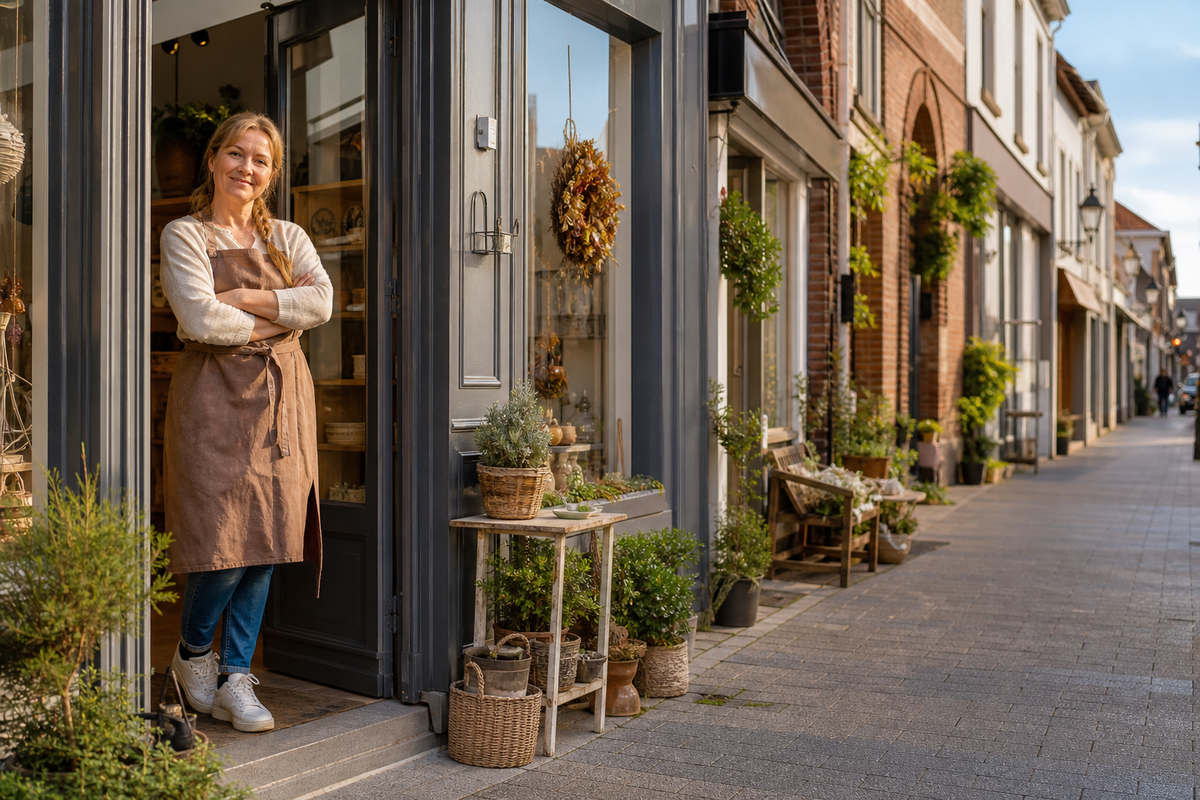 Rue commerçante d'une ville belge avec un commerçant à l'entrée de sa boutique