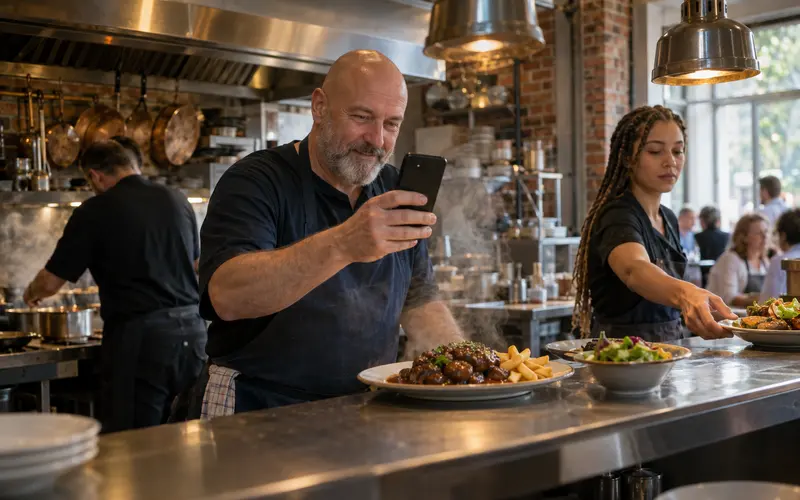 A cook films the plate he has just set down on the pass of his brasserie with his phone