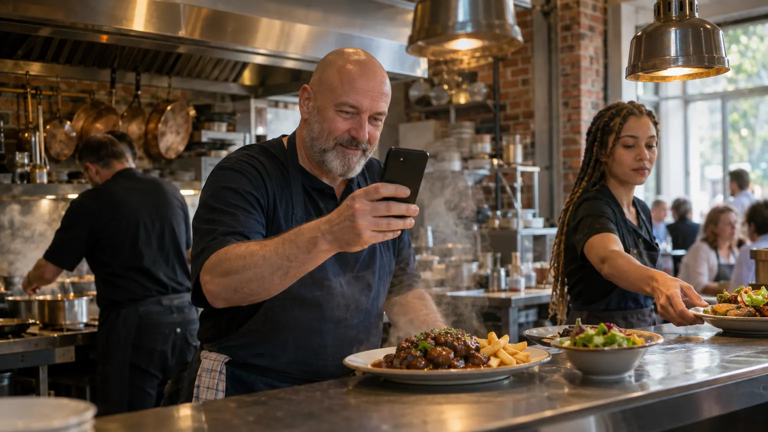 Een kok filmt met zijn gsm het bord dat hij net op de pass van zijn brasserie heeft gezet