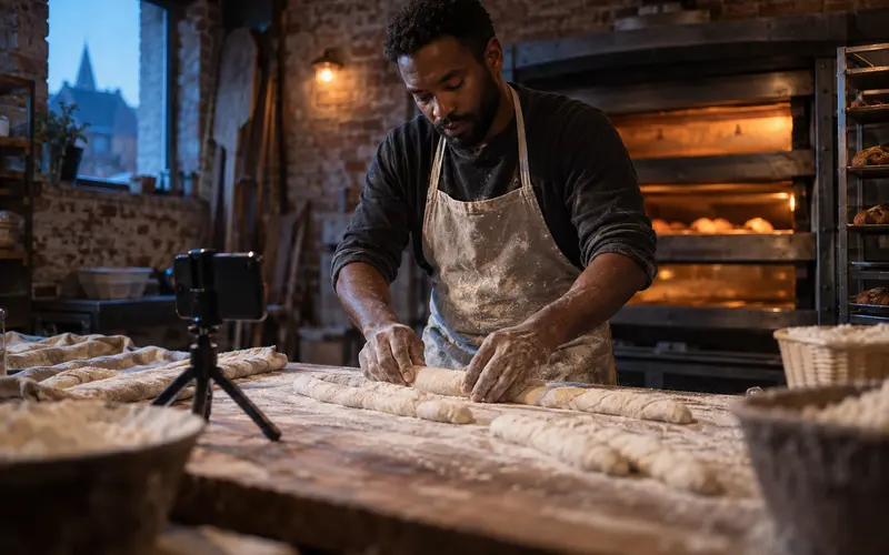 Un boulanger façonne des baguettes au fournil pendant que son téléphone, posé sur un petit trépied, filme ses mains