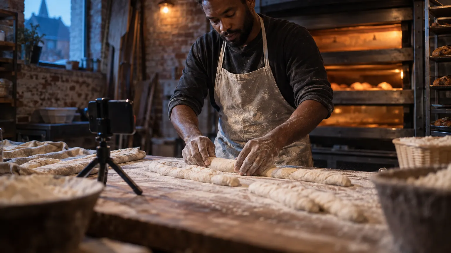 A baker shapes baguettes in the bakehouse while his phone, on a small tripod, films his hands