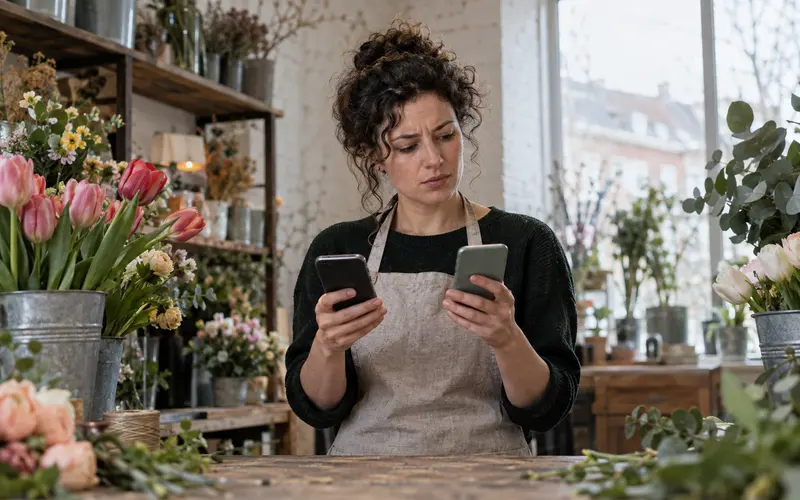 A florist compares two phones behind the counter of her shop