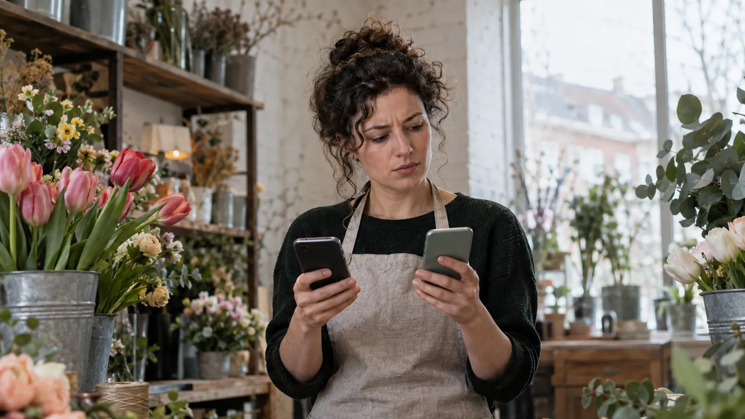 A florist compares two phones behind the counter of her shop