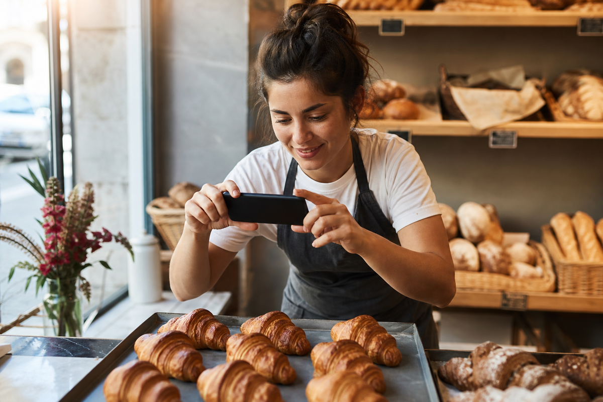 Commerçante qui filme ses produits au smartphone dans sa boutique