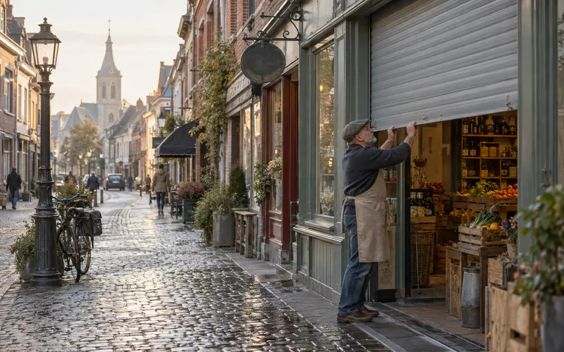 A shopkeeper pulls up the shutter of his shop early in the morning, on a cobbled street