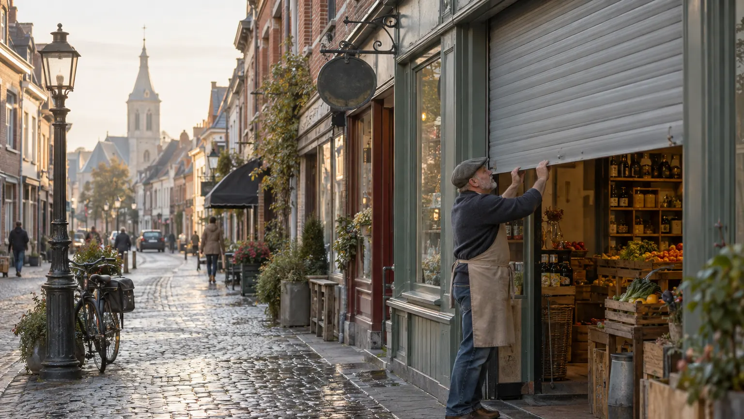 Een handelaar trekt 's ochtends vroeg het rolluik van zijn winkel op, in een straat met kasseien