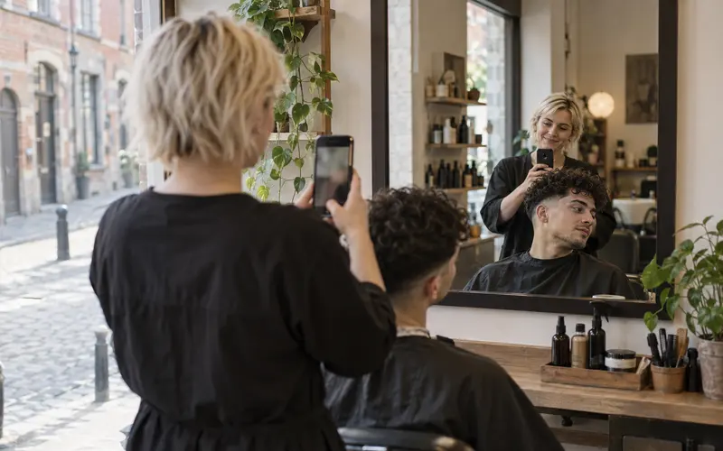 A hairdresser films the haircut she has just finished in her salon mirror, using her phone