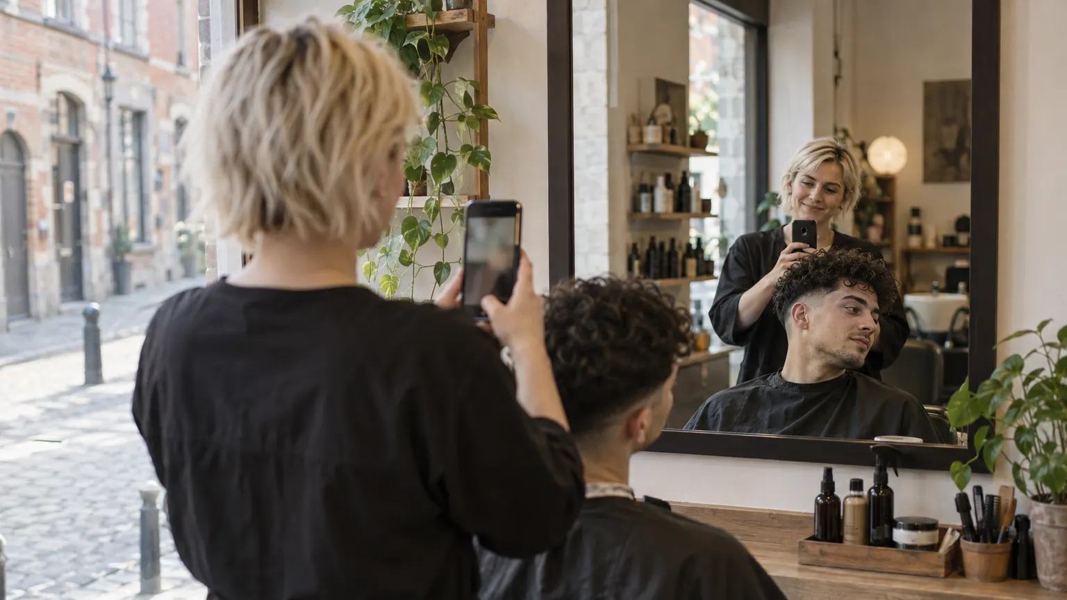 Een kapster filmt met haar telefoon, in de spiegel van haar salon, het kapsel dat ze net afgewerkt heeft