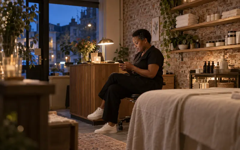A beautician schedules a post on her phone in the evening, in her closed salon