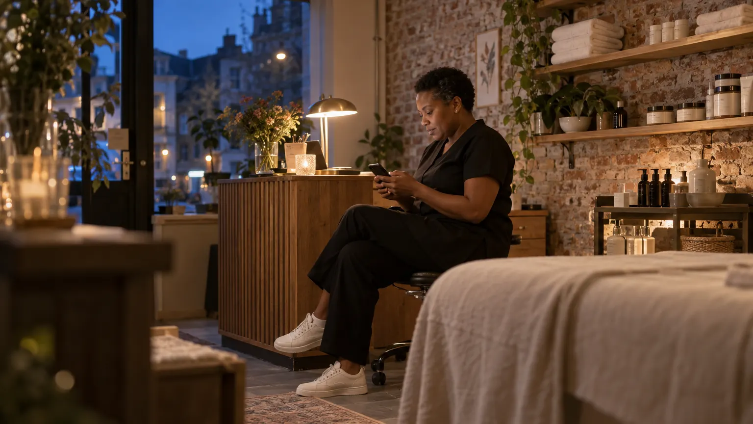 A beautician schedules a post on her phone in the evening, in her closed salon