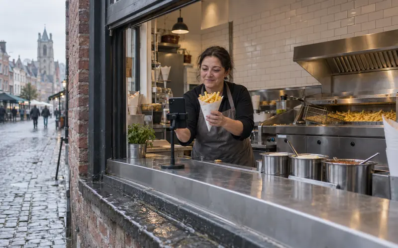 La gérante d'une friterie se filme au comptoir avec son téléphone en tendant un cornet de frites vers l'objectif
