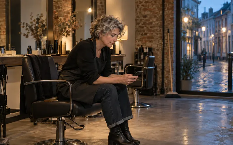 A hairdresser reads a review on her phone, sitting alone in her empty salon in the evening