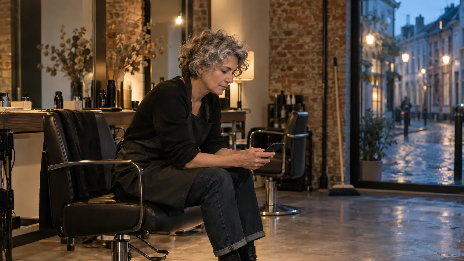 Une coiffeuse lit un avis sur son téléphone, assise seule dans son salon vide le soir