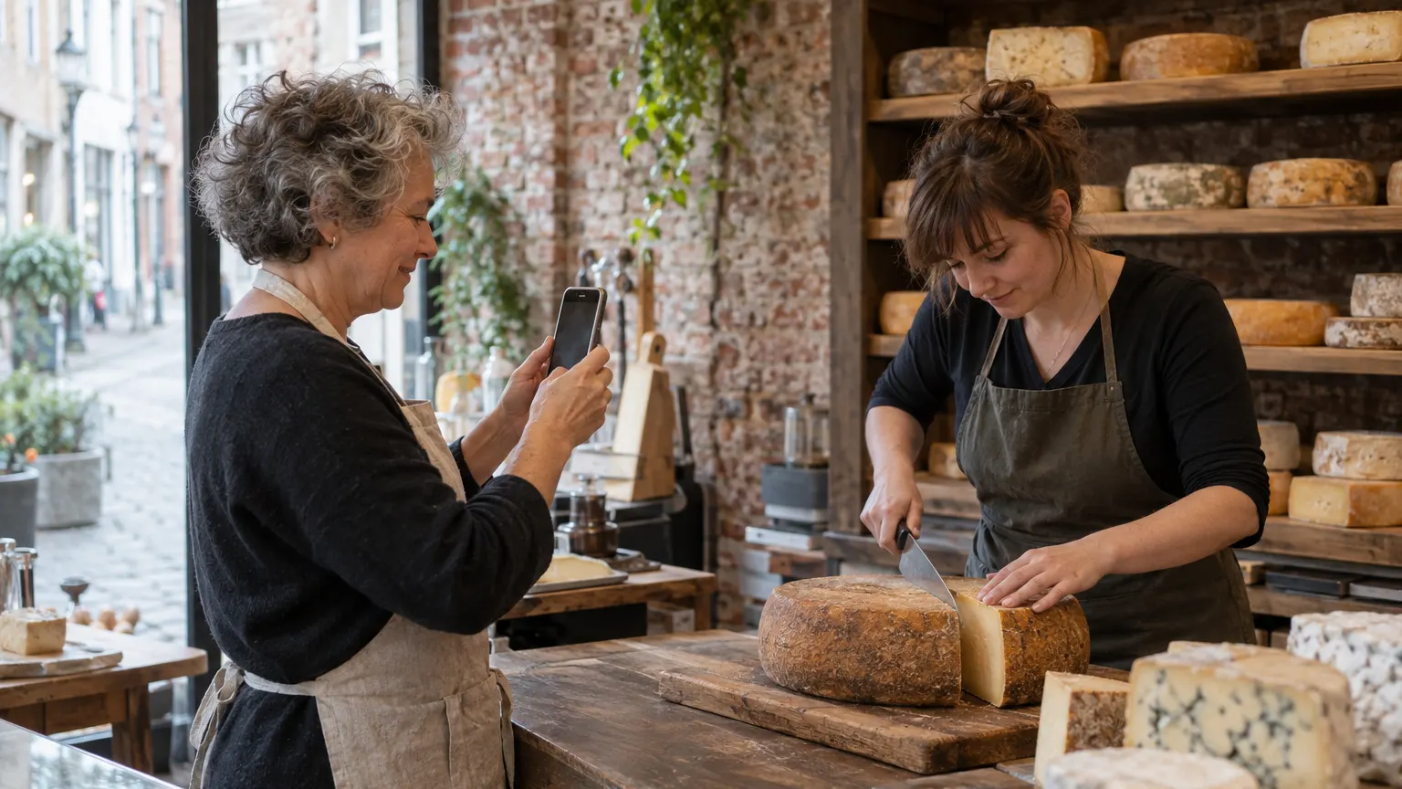 The manager of a neighbourhood cheese shop films her colleague's hands on her phone as the colleague cuts a cheese on the counter