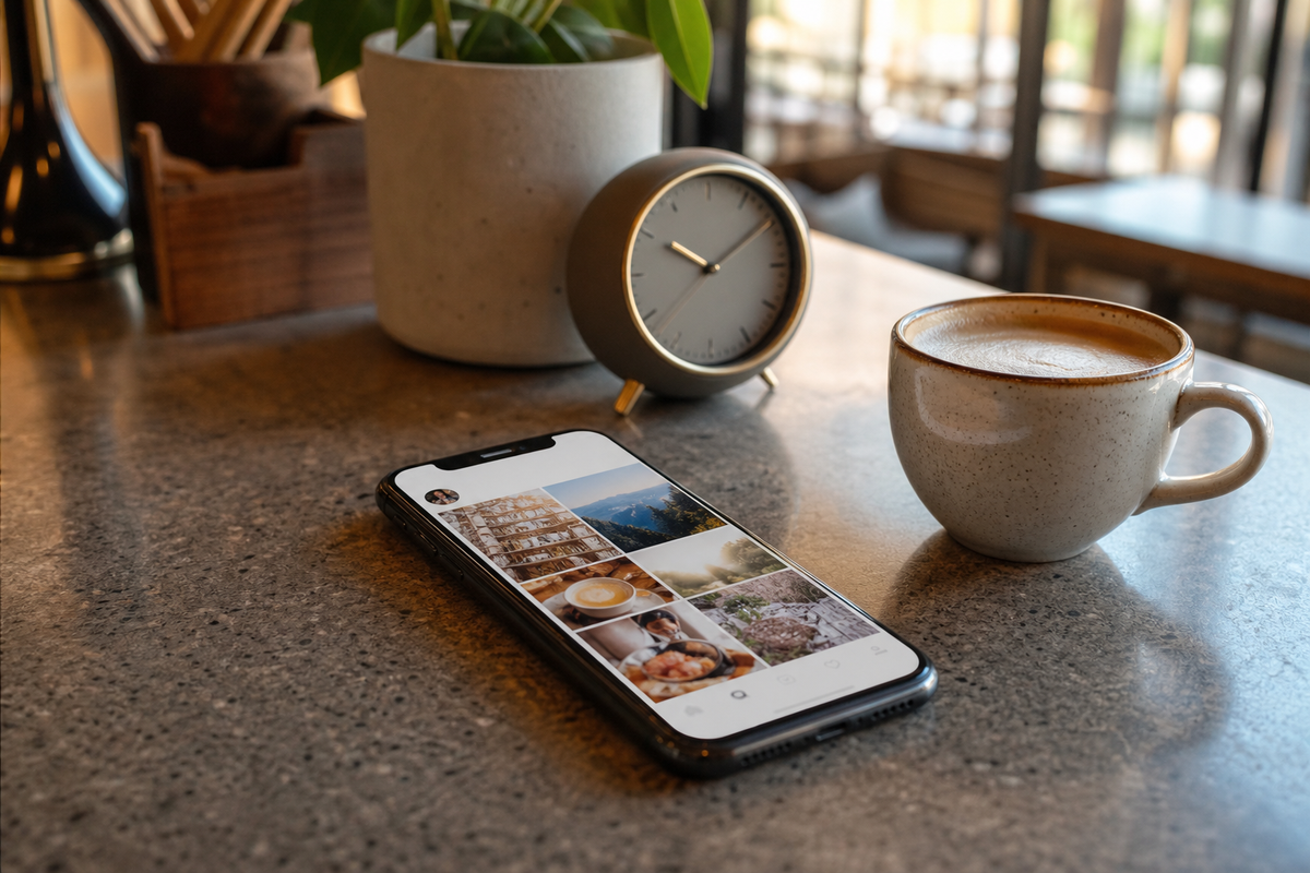 Smartphone avec un feed social et une horloge sur un comptoir de café