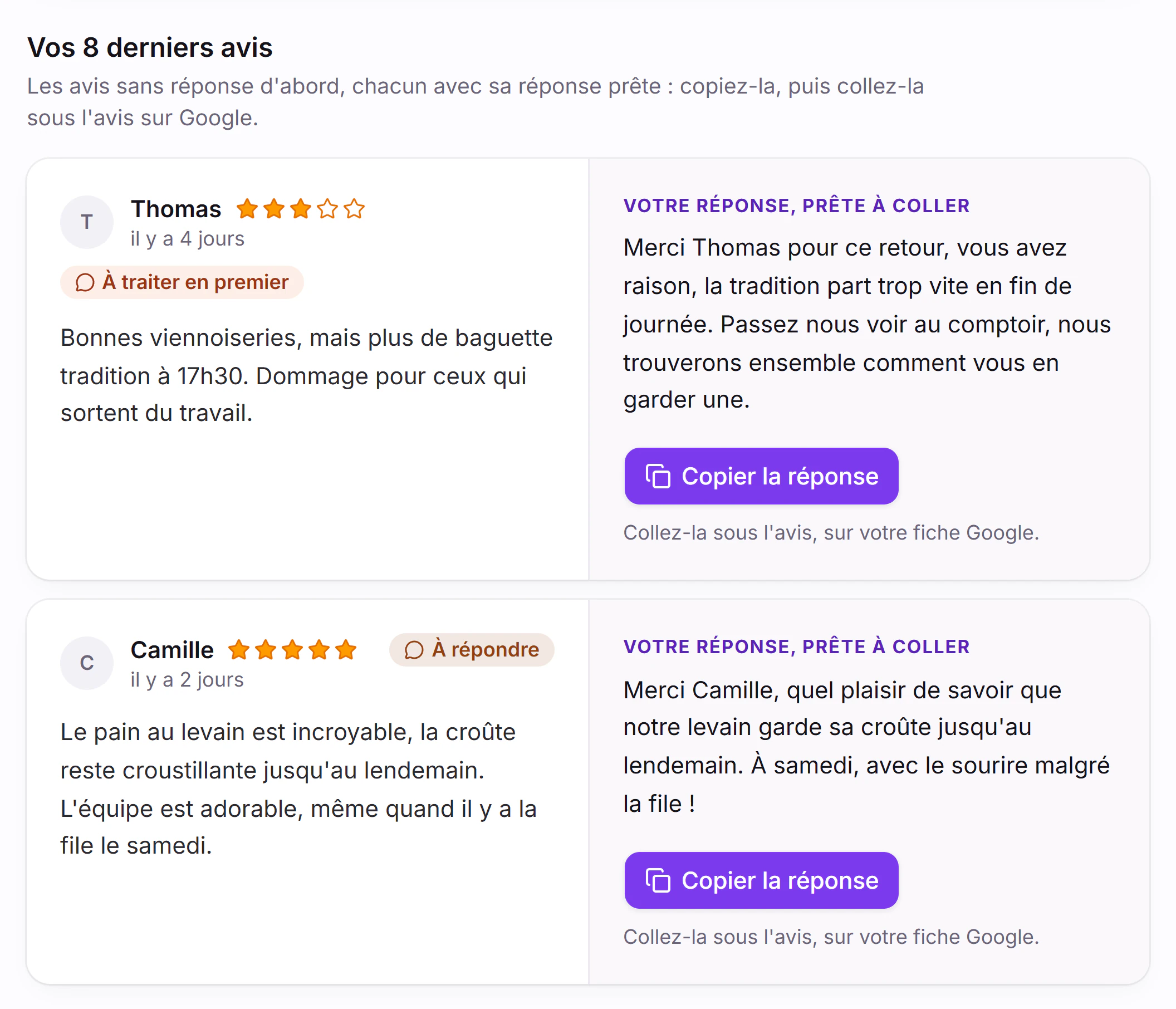 Capture de la démo : deux avis Google sans réponse, chacun avec sa réponse prête à coller.