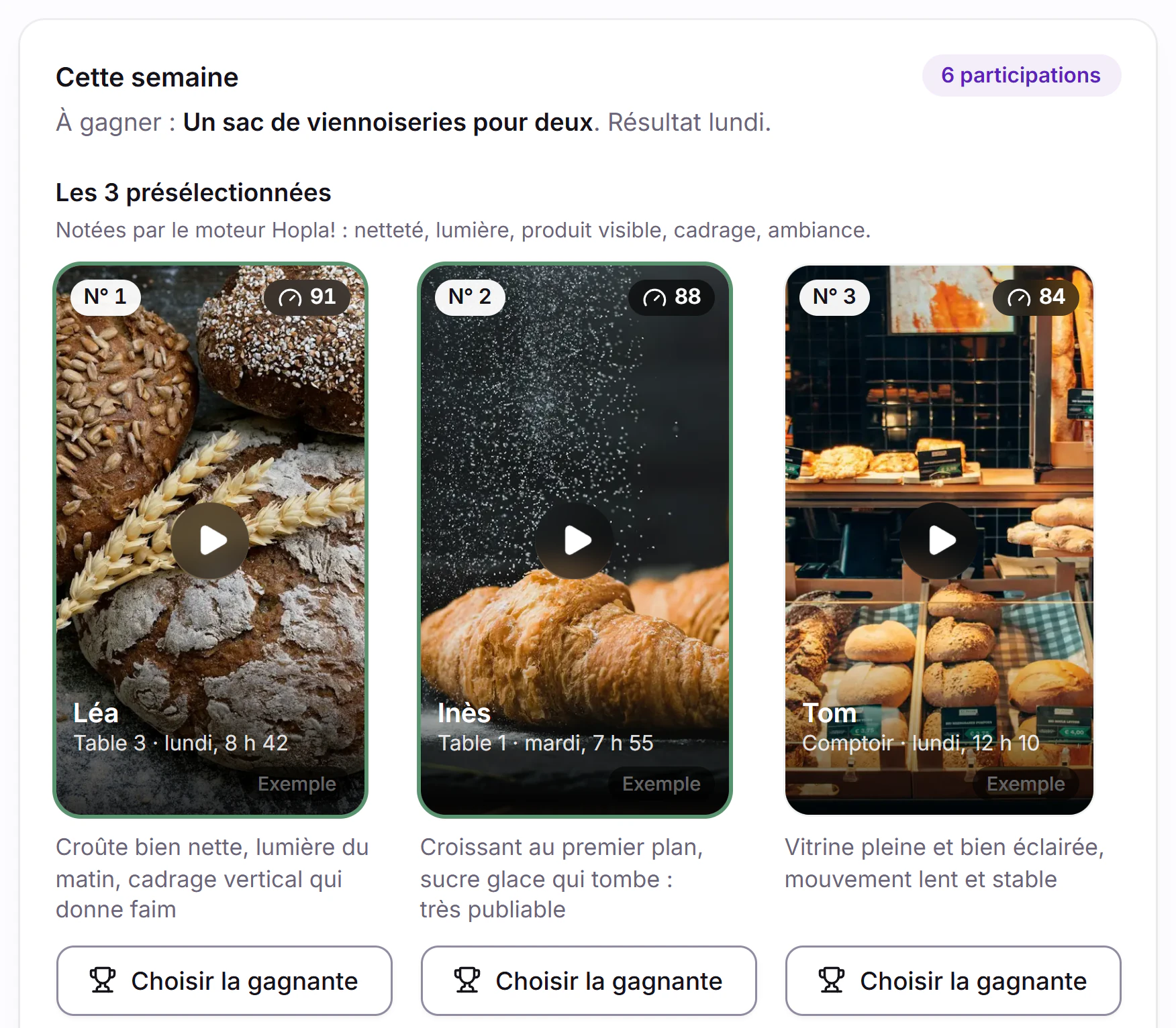 Capture de la démo : les 3 vidéos de clients présélectionnées cette semaine, notées par le moteur Hopla!.