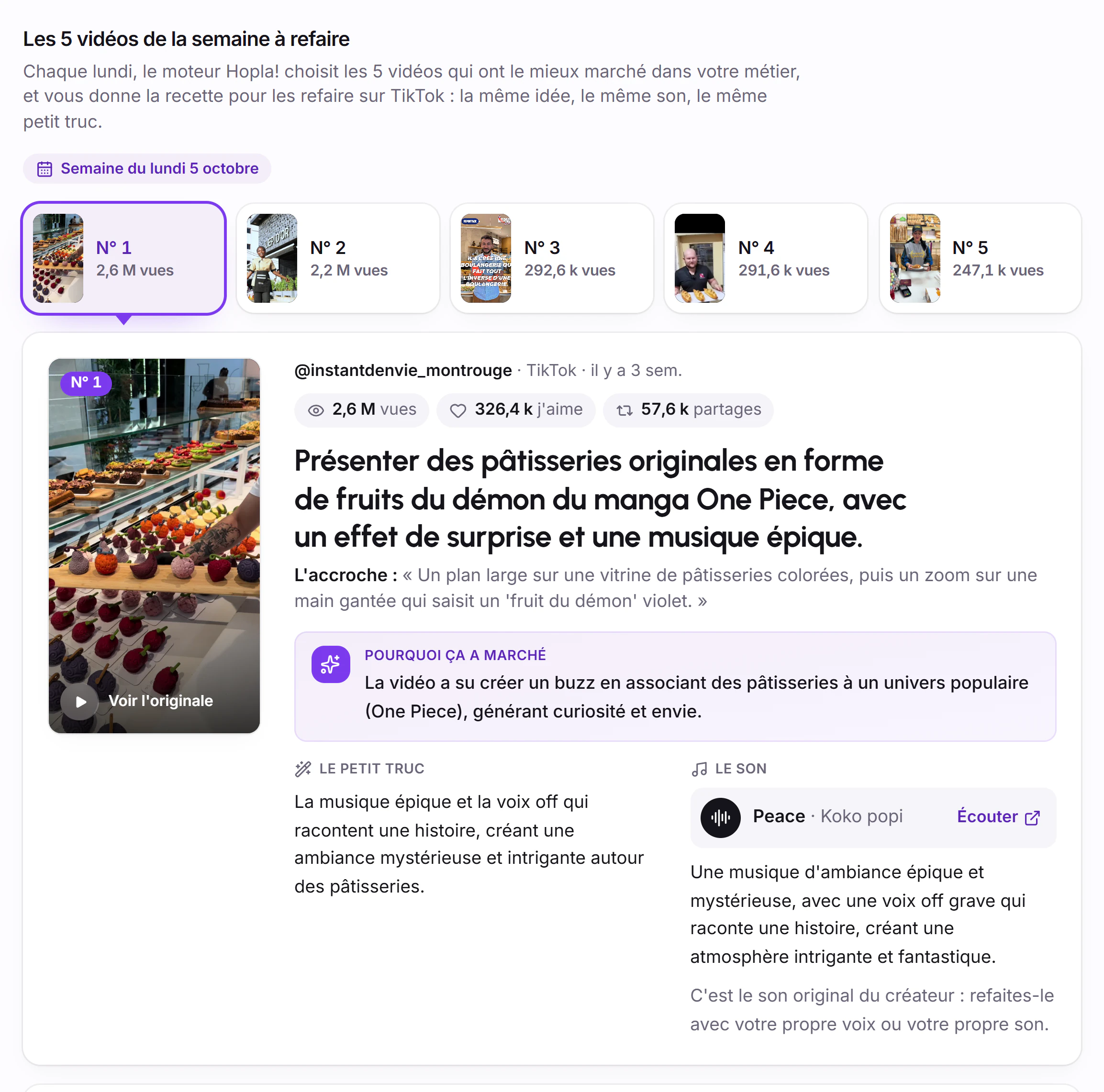 Capture de la démo : la vidéo n° 1 de la semaine, son idée, son son et la version à tourner.